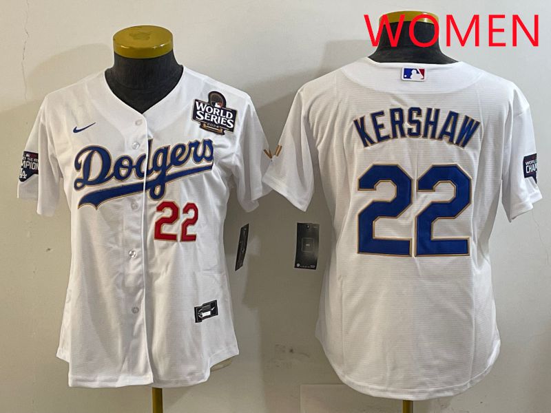Women Los Angeles Dodgers #22 Kershaw White Gold Game 2025 Nike MLB Jersey style 7
